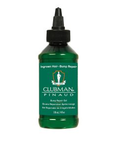 Front view of a green 4 ounce bottle of Clubman Pinaud No Bumps Gel with splash dispenser cap