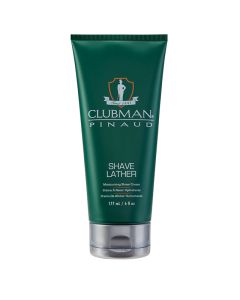 Front view of a green 6 ounce Clubman Shave Lather squeeze tube with a silver flip top cap 