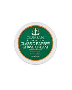 Top view of a 16 ounce tub of Clubman Classic Barber Shave Cream displaying its label 