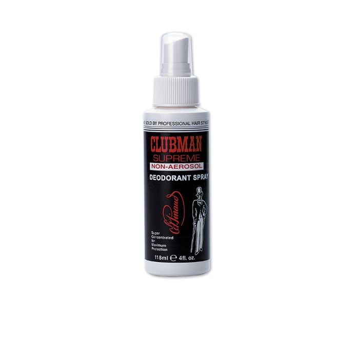 Front side of Clubman Supreme Non-Aerosol Deodorant white 4 ounce spray bottle with black, red, & white themed label