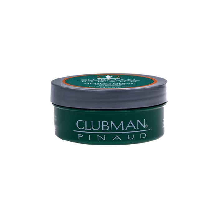 Front view of a 2 ounce tub of Clubman Beard Balm with brand name printed on it