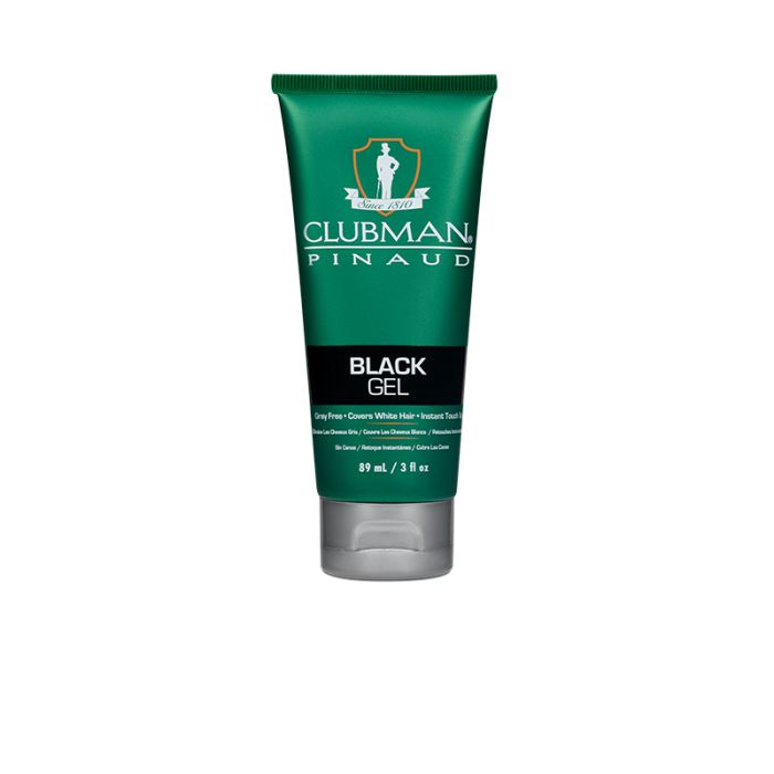 Front view of a green 3 ounce squeeze tube container of Clubman Black Gel featuring product name & description