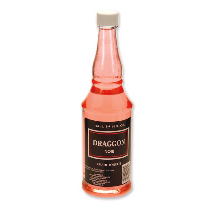 A 14 ounce bottle of Lustray Draggon Noir Eau de Toilette facing forward featuring label with complete product information