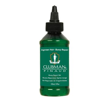 Front view of a green 4 ounce bottle of Clubman Pinaud No Bumps Gel with splash dispenser cap