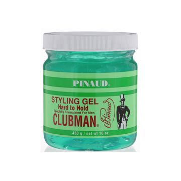 Front view of a capped 16-ounce jar of Clubman Pinaud Hard to Hold Styling Gel