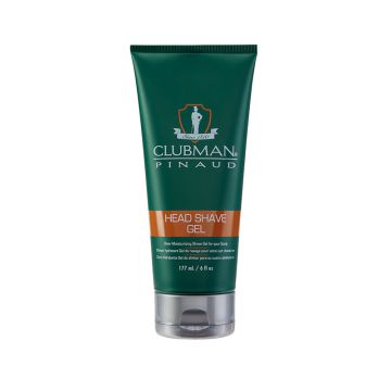 Front view of a green 6 ounce squeeze tube of Clubman Head Shave Gel with silver flip top cap