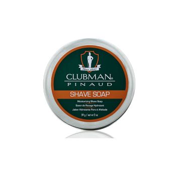 Top view of a  capped 2 ounce tub of Clubman Shave Soap featuring its label