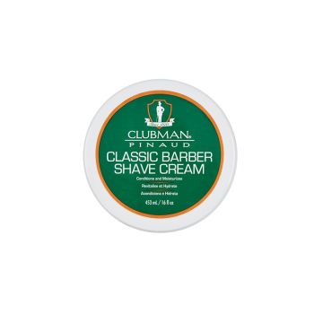 Top view of a 16 ounce tub of Clubman Classic Barber Shave Cream displaying its label 