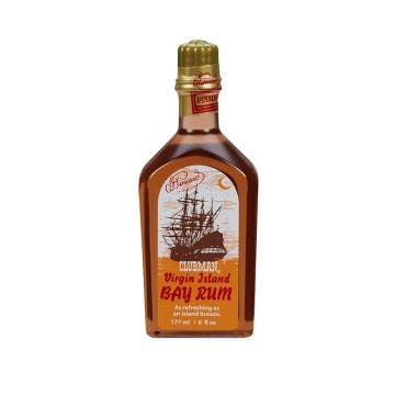 Front view of a 6-ounce bottle of Clubman Pinaud Bay Rum After Shave lotion featuring nautical themed label