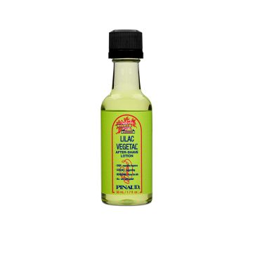 Front view of a travel-sized 1.7 ounce bottle of Clubman Pinaud After Shave Lotion Lilac Vegetal with label & black twist cap