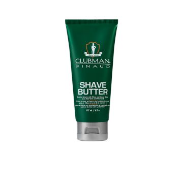 Front view of a green 6 ounce Clubman Pinaud Shave Butter squeeze bottle with silver flip top cap 