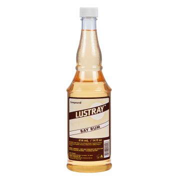 A bottle of Lustray Bay Rum After Shave featuring a label with ingredients, warnings, & other product information