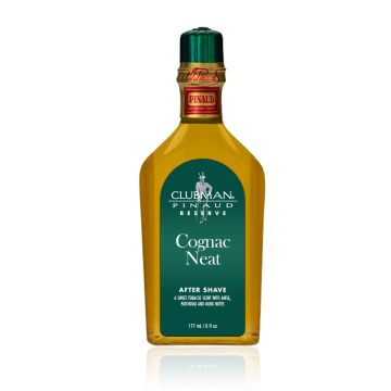 A clear labelled 6 ounce bottle filled with rich olive-colored Clubman Reserve Cognac Neat After Shave Lotion