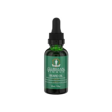 Front view of a gren 1 ounce bootle of Clubman Pinaud Beard Oil with label & twist-off dropper cap for easy application 