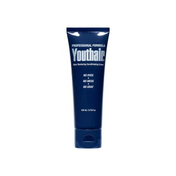 Front view of a blue 3.75 ounce squeeze tube container of Youthair Creme Lead Free with flip top cap